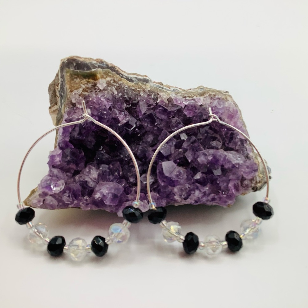 NEW Earrings Hoop Boho Beaded Rondelle Faceted Black Clear Colors Silver Tone